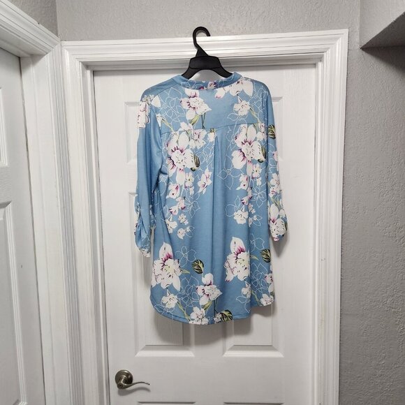 Zattcas Womens 3/4 Roll Sleeve Notch Neck Floral Blouse Shirts Tunic Tops Light - Picture 2 of 4